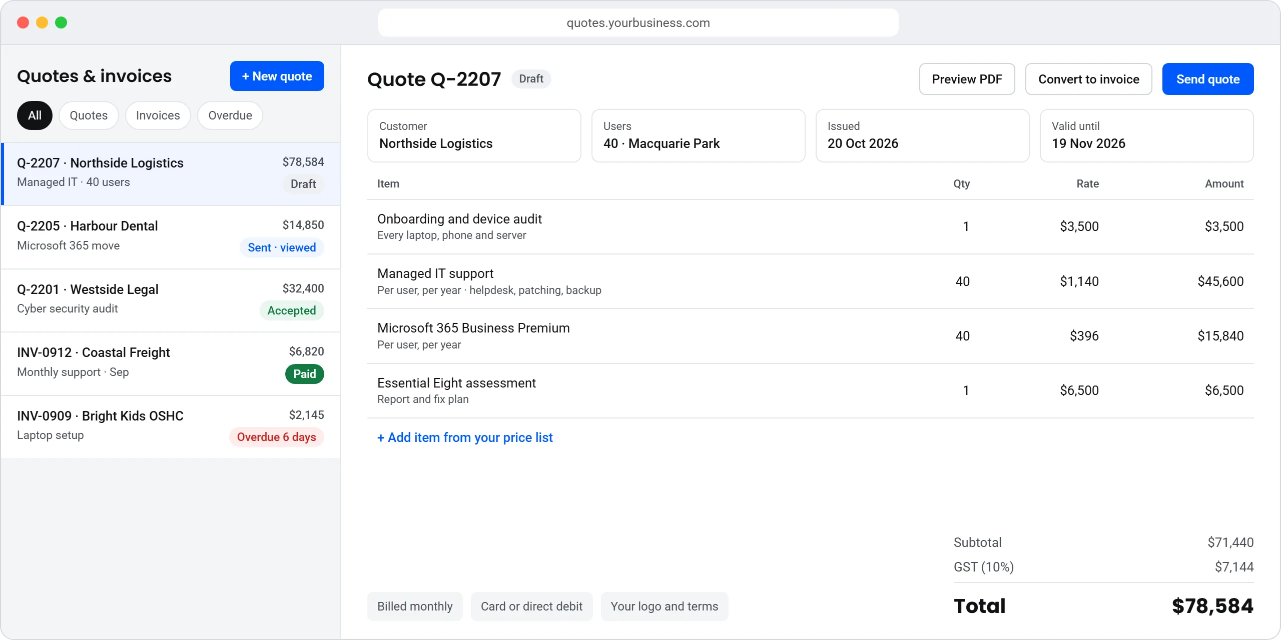 A quote and invoice web app for an IT business: quotes and invoices marked draft, sent, accepted, paid or overdue, and a managed IT quote for 40 users with GST and a Send quote button.