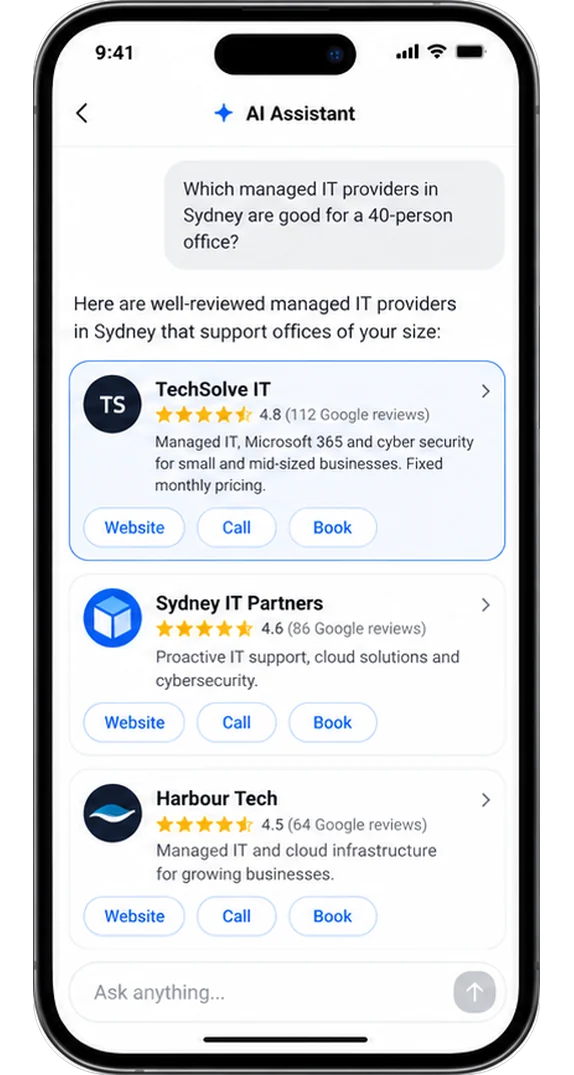 An AI assistant recommending three managed IT providers in Sydney.
